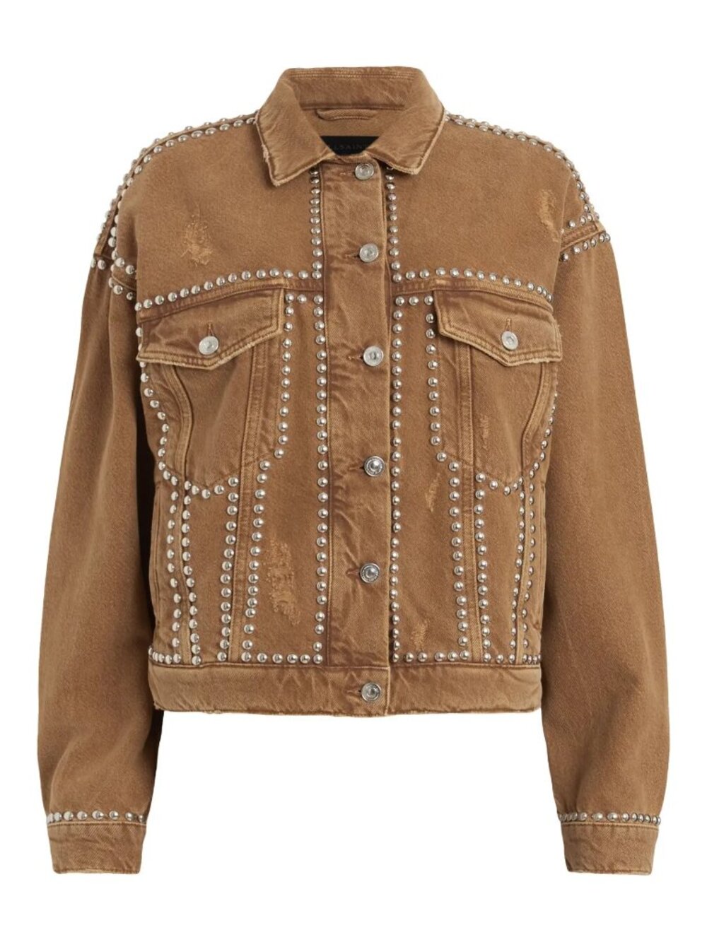 AllSaints Studded Denim Jacket in Light Brown, size US 6 / UK 10 / EU 38 - Picture 4 of 9